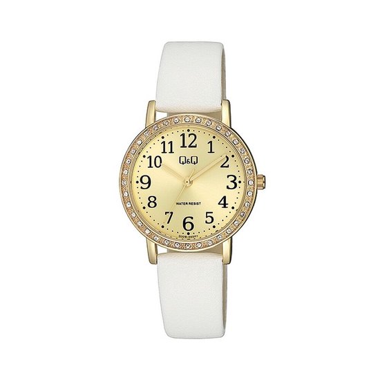 Q&Q Q32B-002PY - Montre - Analogique - Femme - Femme - Bracelet Cuir - Rond - Métal - Wit - Doré - Étincelant - 3 ATM