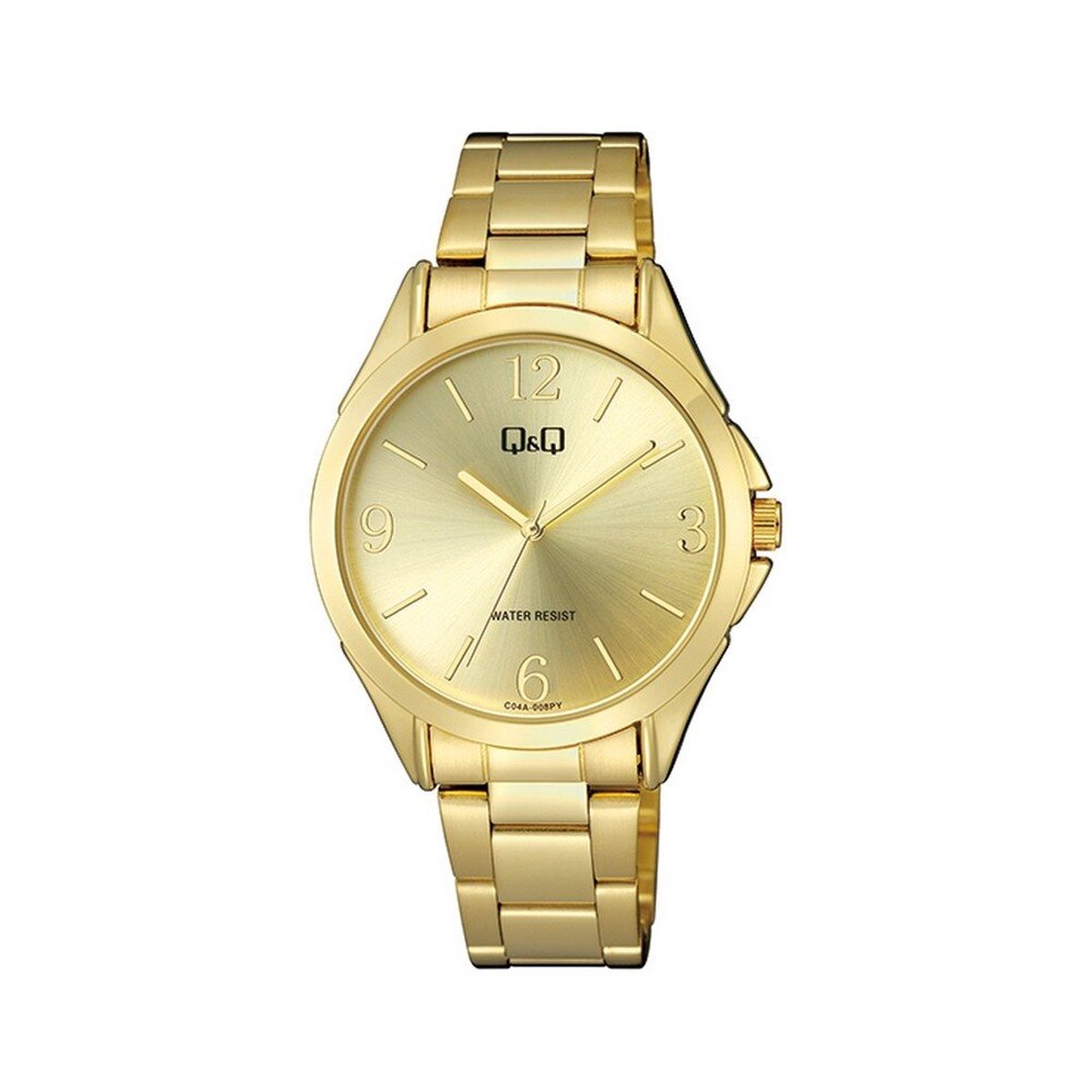 QQ C04A-008PY - Horloge - Analoog - Dames - Vrouwen - Stalen band - Rond - Metaal - Cijfers - Streepjes - Goudkleurig