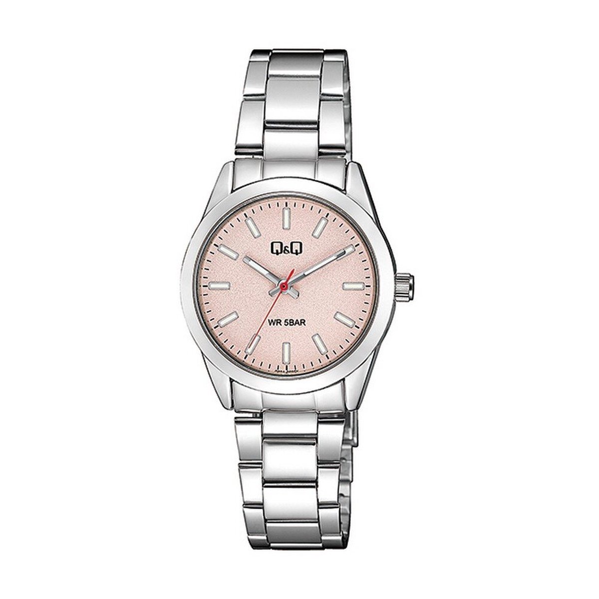 QQ Q82A-005PY - Horloge - Analoog - Dames - Vrouwen - stalen band - Rond - Metaal - Streepjes - Zilverkleurig - Roze - 5 ATM