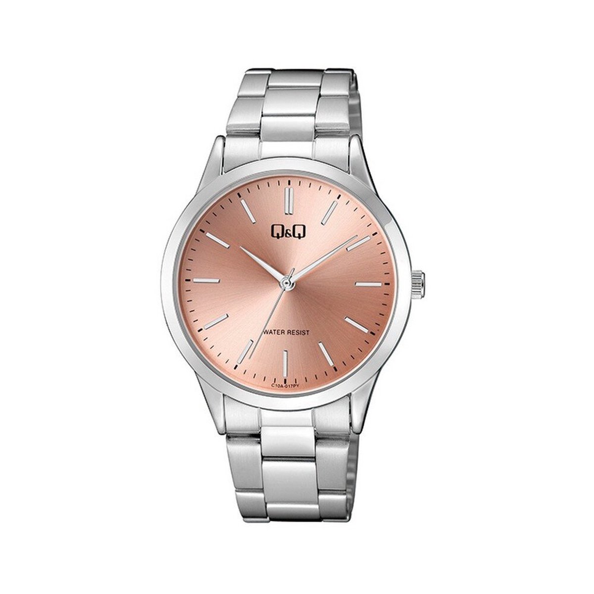QQ C10A-017PY - Horloge - Analoog - Dames - Vrouwen - stalen band - Rond - Metaal - Cijfers - Zilverkleurig - Zalm