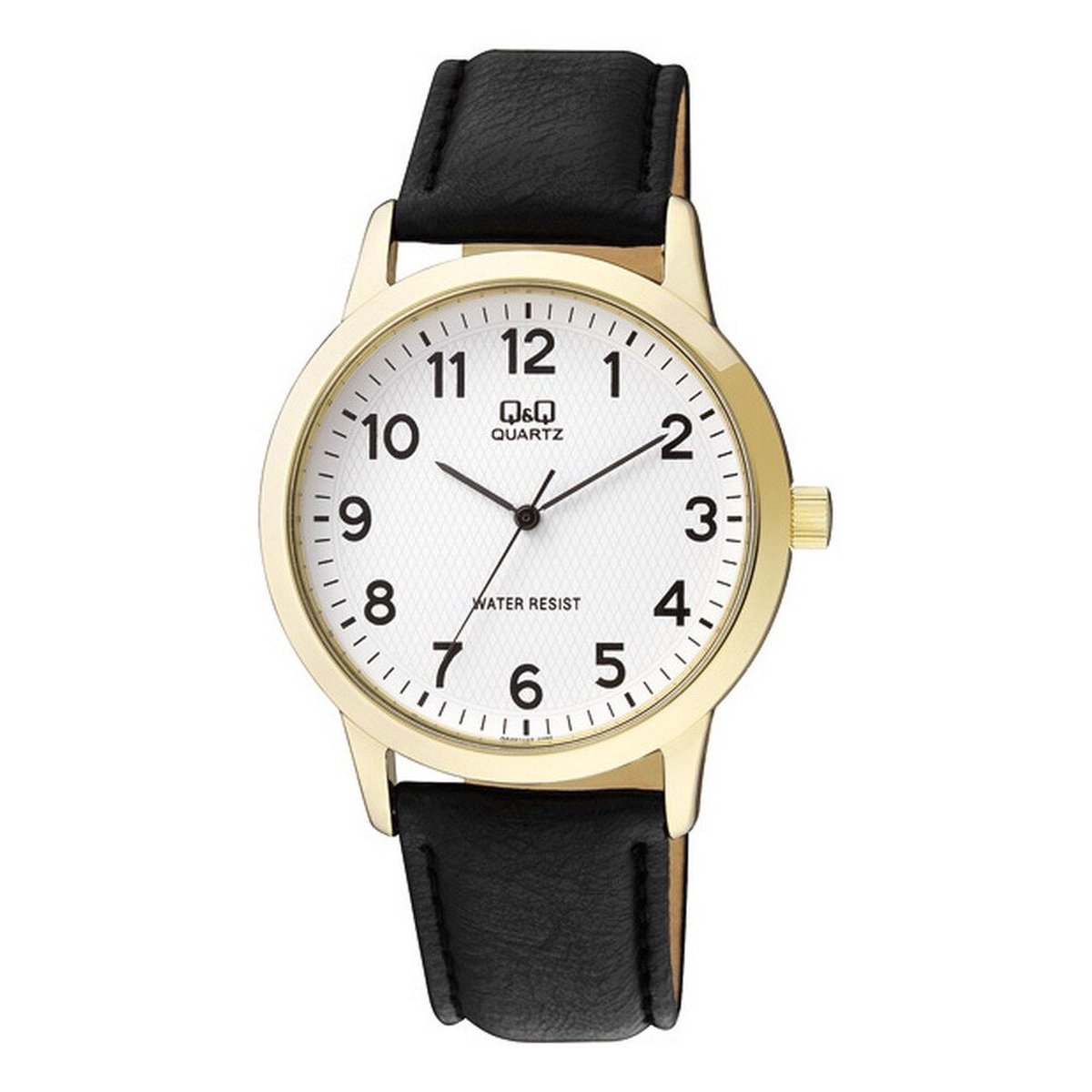 QQ Q946J104Y - Horloge - Analoog - Heren - Mannen - Leren band - Rond - Staal - Cijfers - Zwart - Goudkleurig - Wit