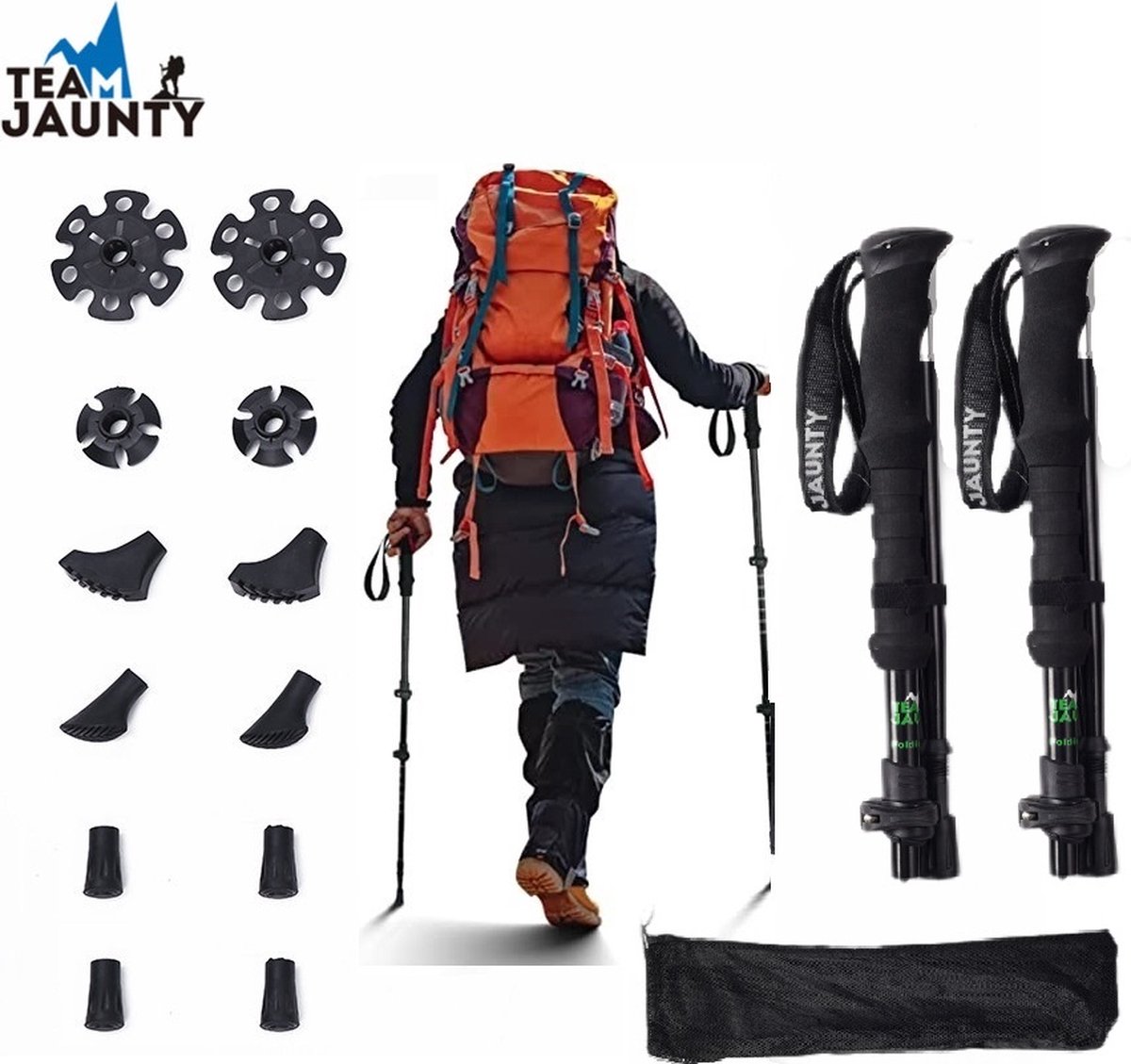 Wandelstokken set voor Dames en Heren-2stuks Pro Nordic Walking-Telescopische Wandelstok voor Trekking-7050 Aluminium wandelstok-100-125 cm -Opvouwbare opbergruimte 38CM- Verstelbare Trekkingstok voor kinderen&Volwassen-Wandelstok -Zwart