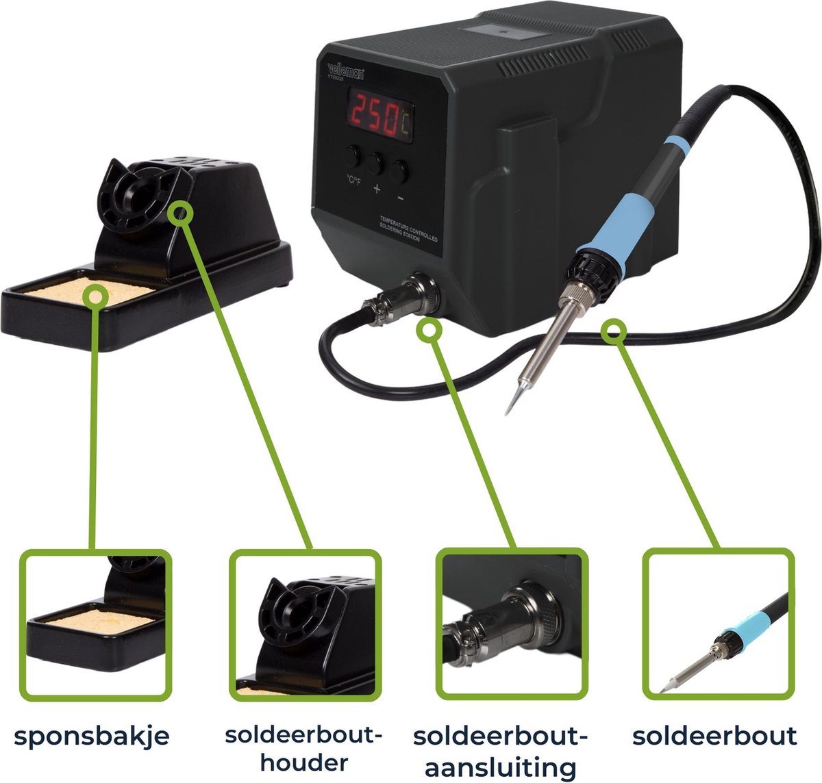 Velleman Soldeerstation 90W met LED-display en keramisch verwarmingselement, instelbare temperatuur 50–480 °C, geschikt voor professionals en doe-het-zelvers – foto 6