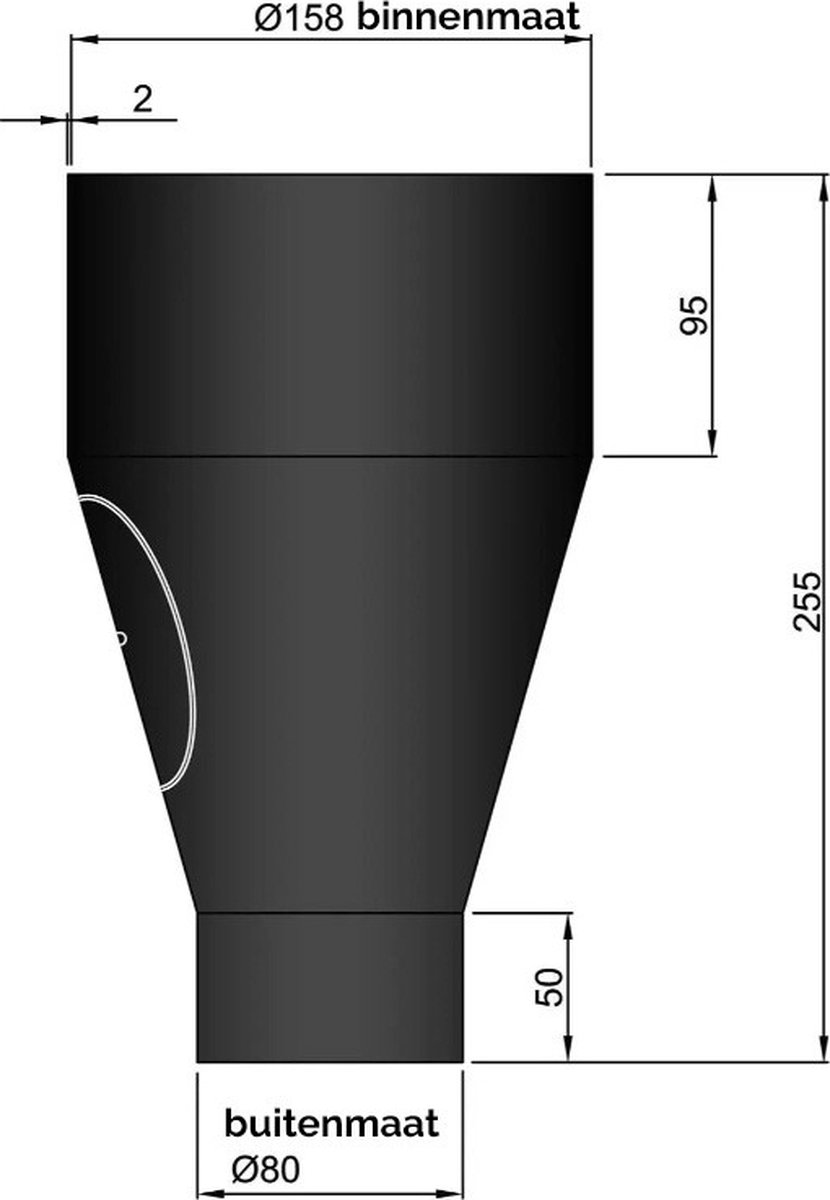 kachelpijp verloop 80-150mm (verbreden) pelletkachel conisch met luik