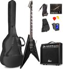 Set van een zwarte V-gitaar met accessoires: tas, versterker, kabel, plectrums, stemapparaat en snaren.