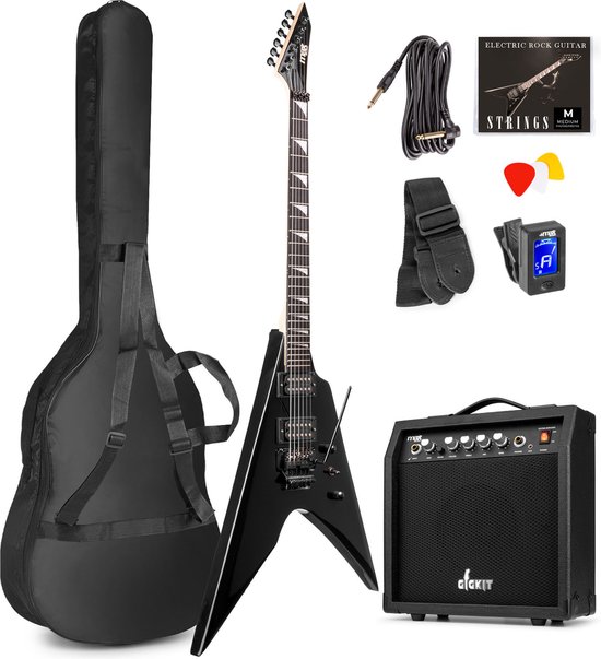 Set van een zwarte V-gitaar met accessoires: tas, versterker, kabel, plectrums, stemapparaat en snaren.