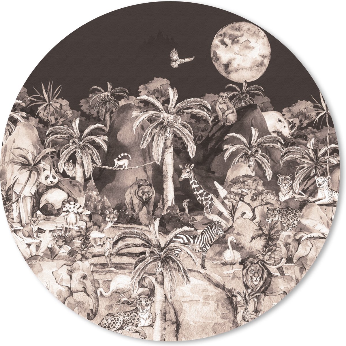 Muismat rond 30x30 cm - Mousepad Jungle - Dieren - Kinderen - Bomen - Planten - Ronde muismatten