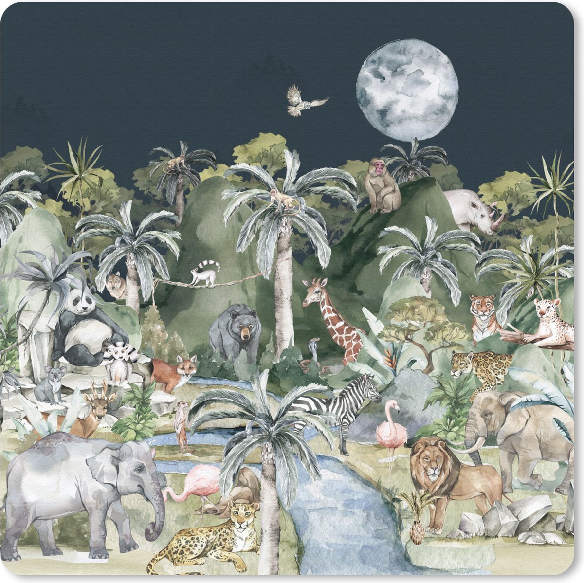 Muismat 20x20 cm - Mousepad Kinderen - Jungle - Natuur - Dieren - Planten - Muismatten