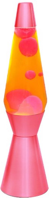 Roze i-total lavalamp met oranje vloeistof en roze bubbels op een witte achtergrond.