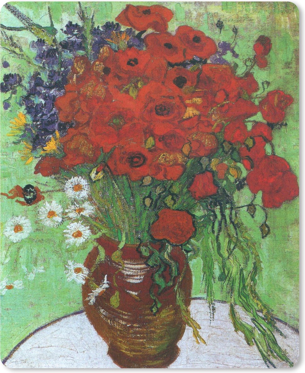 Muismat Vincent van Gogh 2 - Vaas met rode papavers en madeliefjes - Schilderij van Vincent van Gogh muismat rubber - 19x23 cm - Muismat met foto