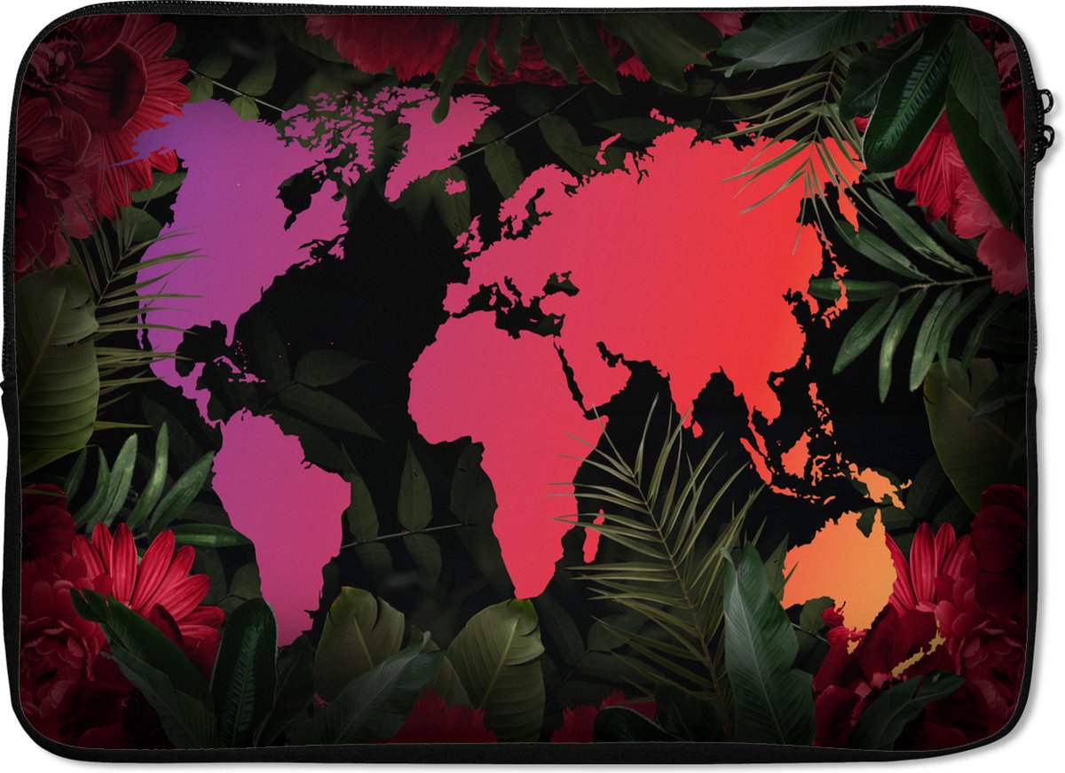 Laptophoes 14 inch - Wereldkaart - Kleuren - Jungle - Laptop sleeve - Binnenmaat 33x23 cm - Zwarte achterkant