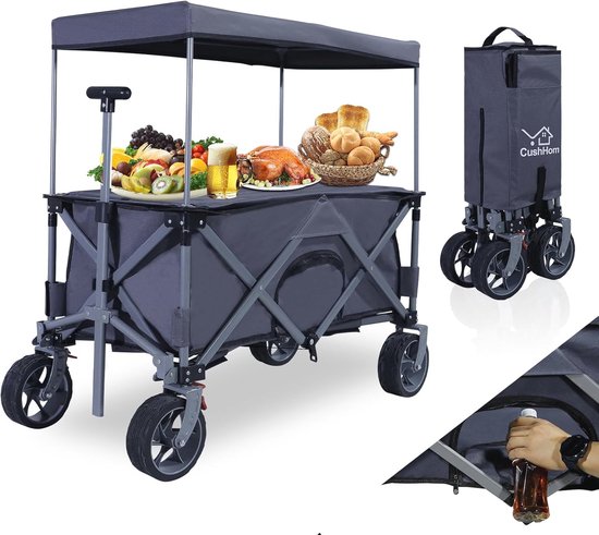 Opvouwbare Bolderkar voor Kinderen met Dak en Tafelblad - Inklapbare Handwagen tot 80 kg met Verstelbare Telescoopsteel en Brede Banden van Opvouwbare Bolderkar — afbeelding 4
