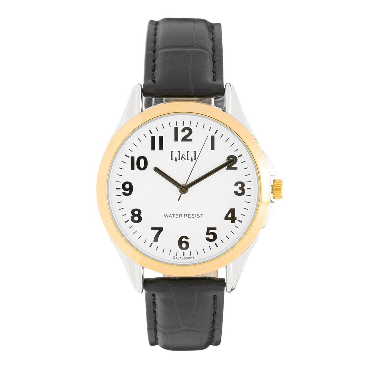 QQ C12A-500PY - Horloge - Analoog - Heren - Mannen - Leren band - Rond - Staal - Zwart - Zilverkleurig - Goudkleurig