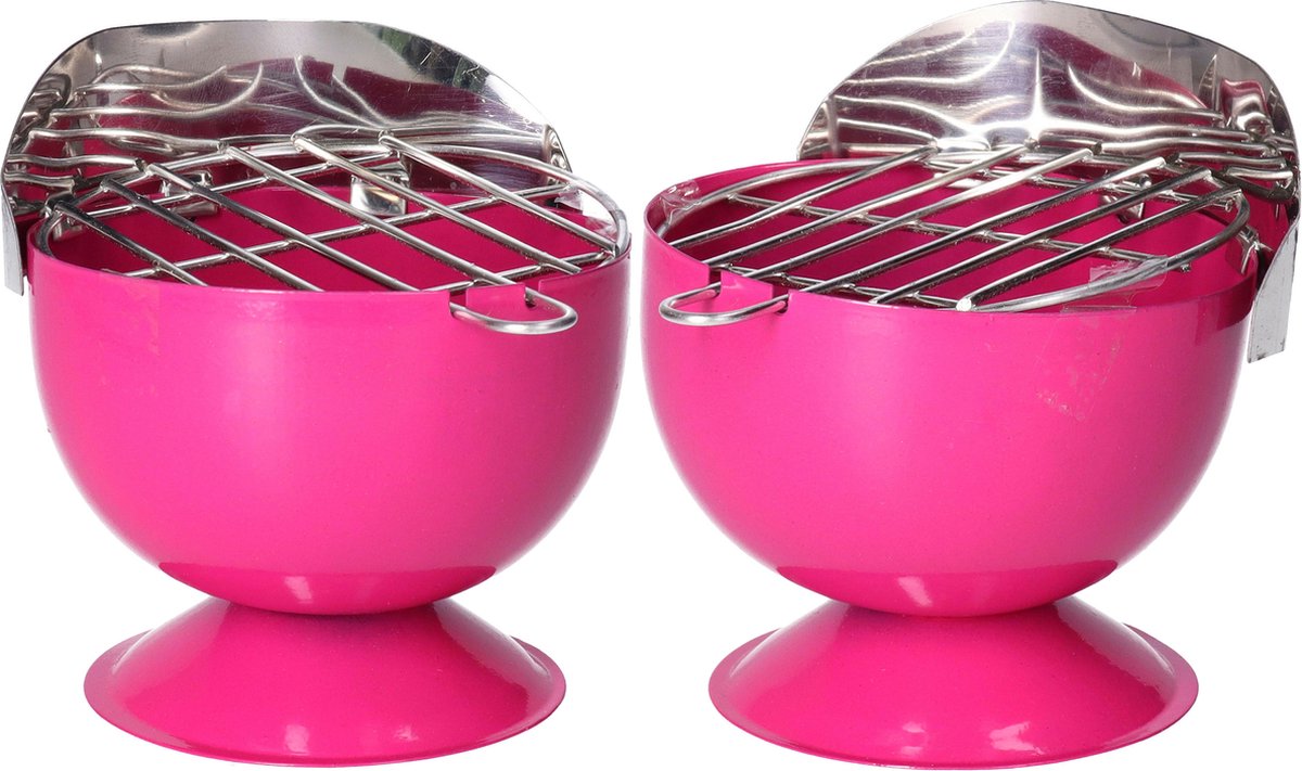 Goedkoopste Set van 2x stuks asbak als BBQ vorm metaal 12 cm roze voor binnen/buiten