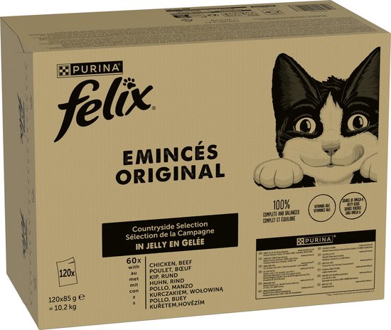 Felix Original Emincés Countryside Selection in Gelei, 60x met Kip, Rund, Kip &amp; Koe, Kip &amp; Kip, Kip &amp; Konijn, Kip &amp; Lam. Doos van 120x85g.