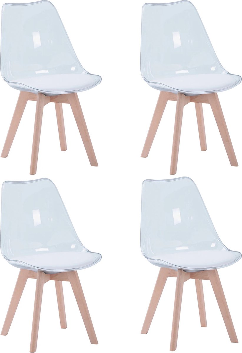 KTN® Eetkamerstoelen set van 4 - Rugleuning - Fauteuil - Woonkamerstoelen - Kuipstoelen - Gewatteerde zitting - Houten poten - Transparant - Wit