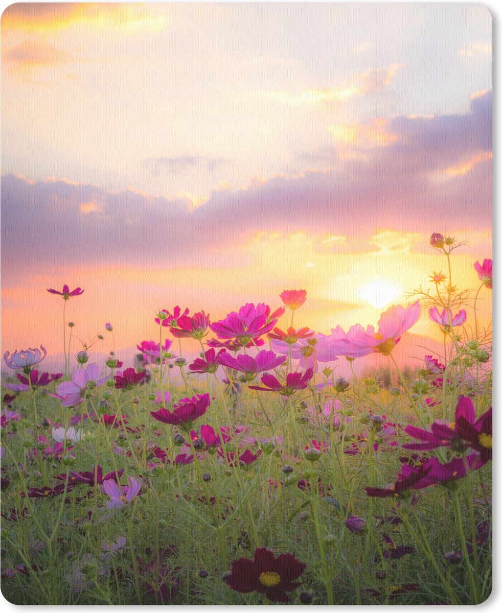 Muismat 19x23 cm - Mousepad Zonsondergang - Bloemen - Roze - Natuur - Groen - Muismatten