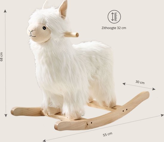 Wit Alpaca hobbelpaard met houten schommelbalken. Afmetingen 68x55x30cm (HxLxB) en zithoogte 32cm.