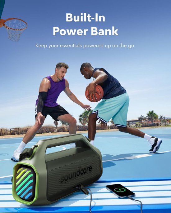 NEW soundcore Anker Boom 2 Plus Buitenluidspreker, bluetooth, 140 W, 2+2 kanalen, BassUp 2.0, 20 uur, snel opladen, IPX7-waterdicht, RGB-verlichting, USB-C, powerbank, voor kamperen, strand, tuin- Groen van Anker — afbeelding 4