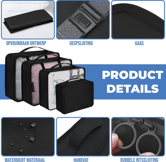 Productdetails van een zwarte packing cube set, met opvouwbaar ontwerp, gespsluiting, gaas, waterdicht materiaal, handvat en dubbele ritssluiting.