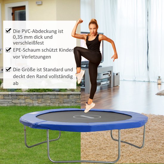 Een vrouw springt op een trampoline in een woonkamer, met tekst over PVC-afdekking, EPE-schuim en afmetingen.