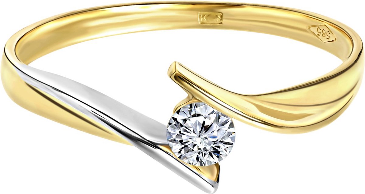 Lucardi Dames Ring met zirkonia - Ring - Cadeau - 14 Karaat Goud - Geelgoud en Witgoud
