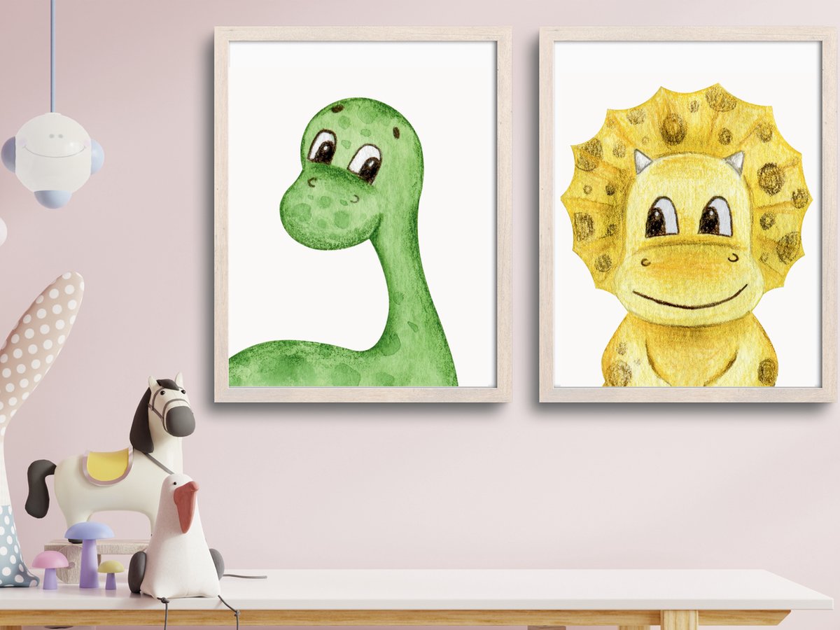 A4 Poster Kinderkamer - Set 2 stuks Dino afbeeldingen - Babykamer Decoratie - Dinosaurus Thema