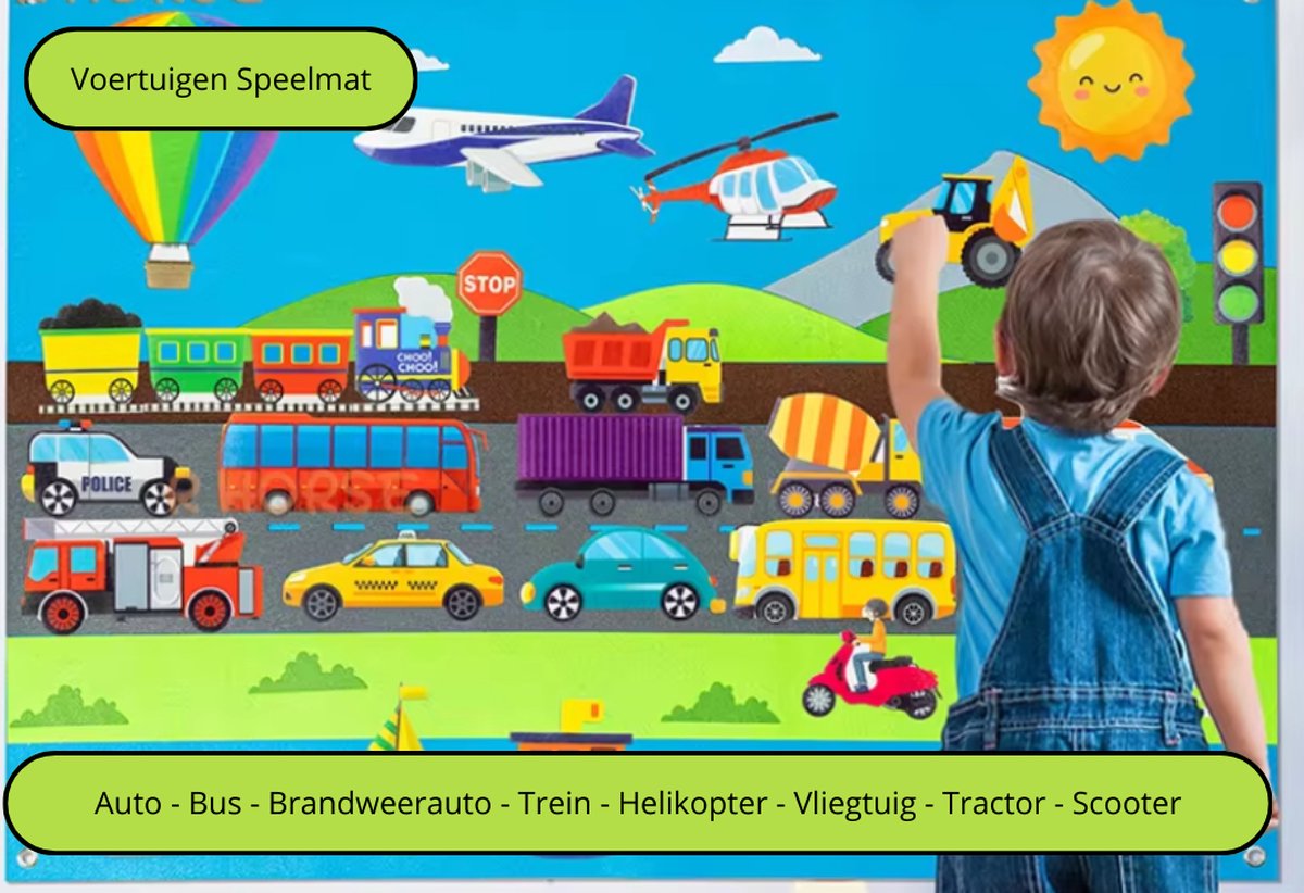 J&S Products™ Vilten Speelkleed Met Voertuigen Speelmat Auto Bus Trein Vliegtuig Helikopter Kleed Wandkleed Kinderen Educatief 75x110cm 35 Delig