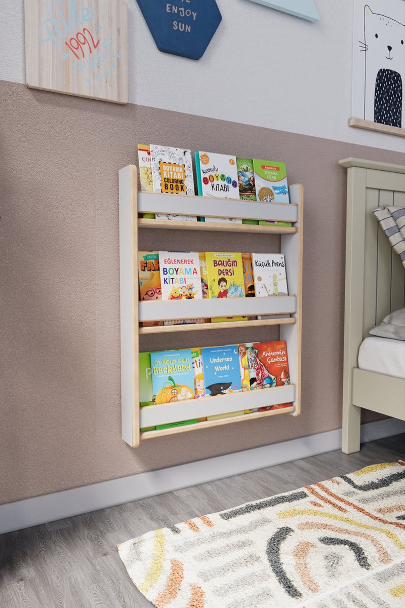 Boekenkast Kind - Boekenrek Kind - Boekenrek Kinderkamer - Kinderboekenkast - Montessori Boekenkast - 3 Niveaus - Wit