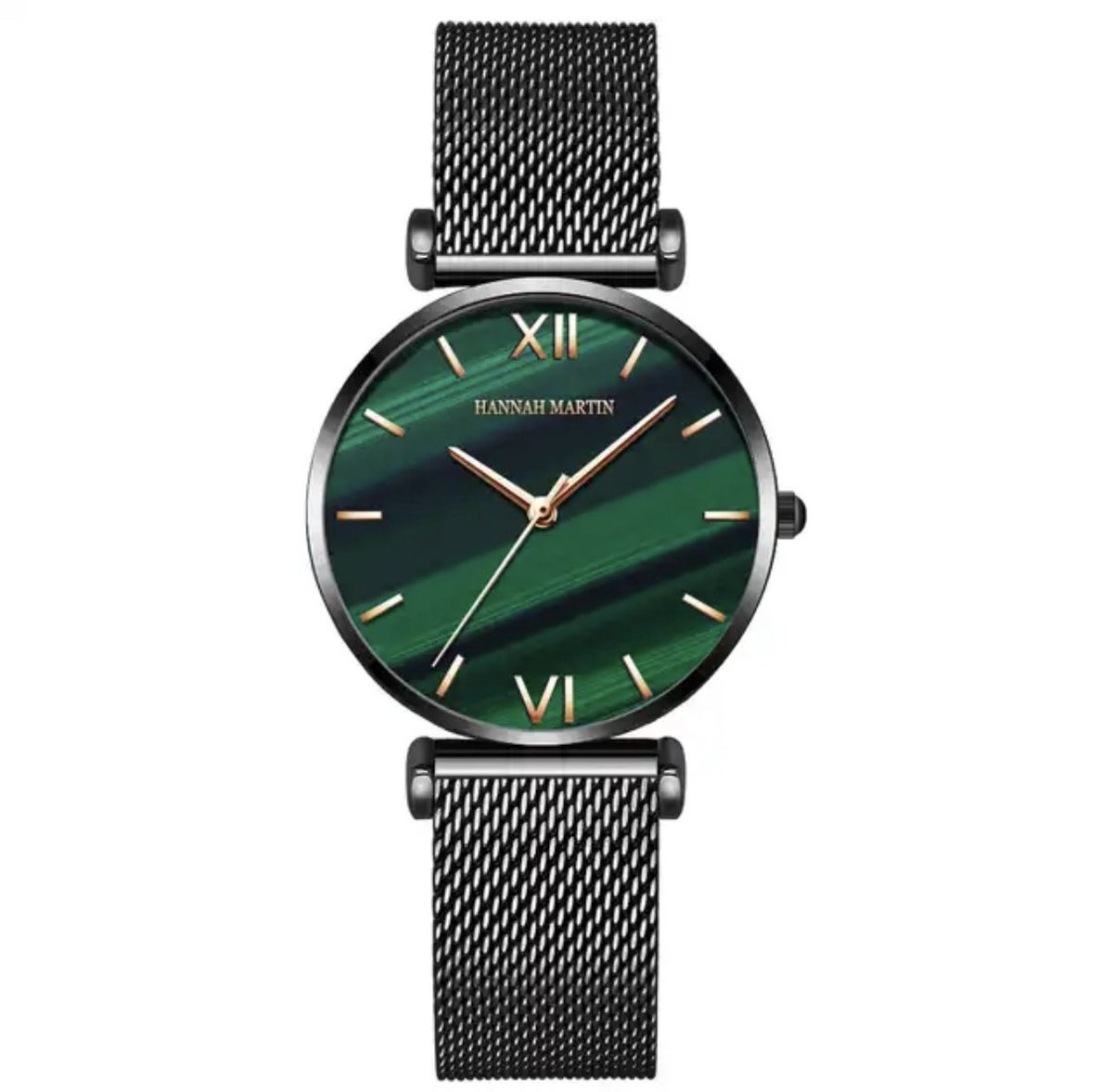 Hannah Martin Elegante Horloge | Zwart | Groene Wijzerplaat | Dames Horloges | Malachite Kleur