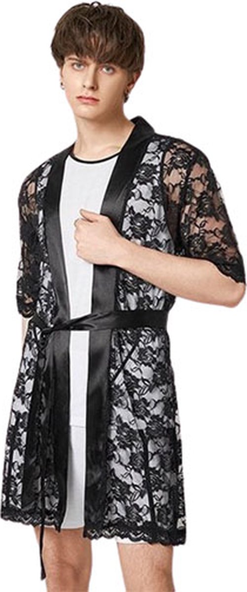 Goedkoopste Doorschijnende zwarte badjas Heren Lingerie - Luxe sexy nachtjapon - Slaap kleding - Met riem - Badjas