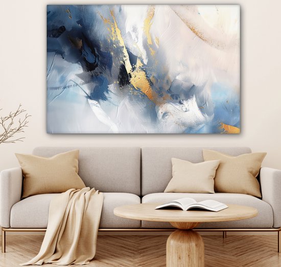 Peinture sur toile 120x80 cm - Décoration murale Blauw - Moderne - Marbre - Abstrait - Or - Décoration murale murale salon - Décoration chambre - Accessoires de chambre - Peintures
