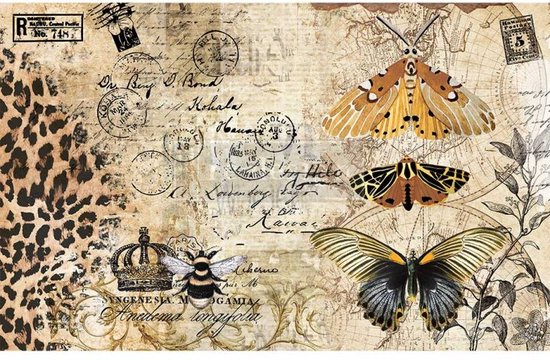 Decoupage tissue met luipaardprint, vlinders, bij, kroon en oude postzegels en landkaart motieven.