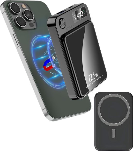 Zwarte magnetische powerbank naast een groene iPhone. Magnetische ring en elektrische ladingen zichtbaar. Ook losse zwarte magnetische hoes.