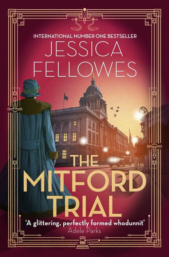 Boek 'The Mitford Trial' van Jessica Fellowes, met een illustratie van een gebouw en een vrouw in een blauwe jas.