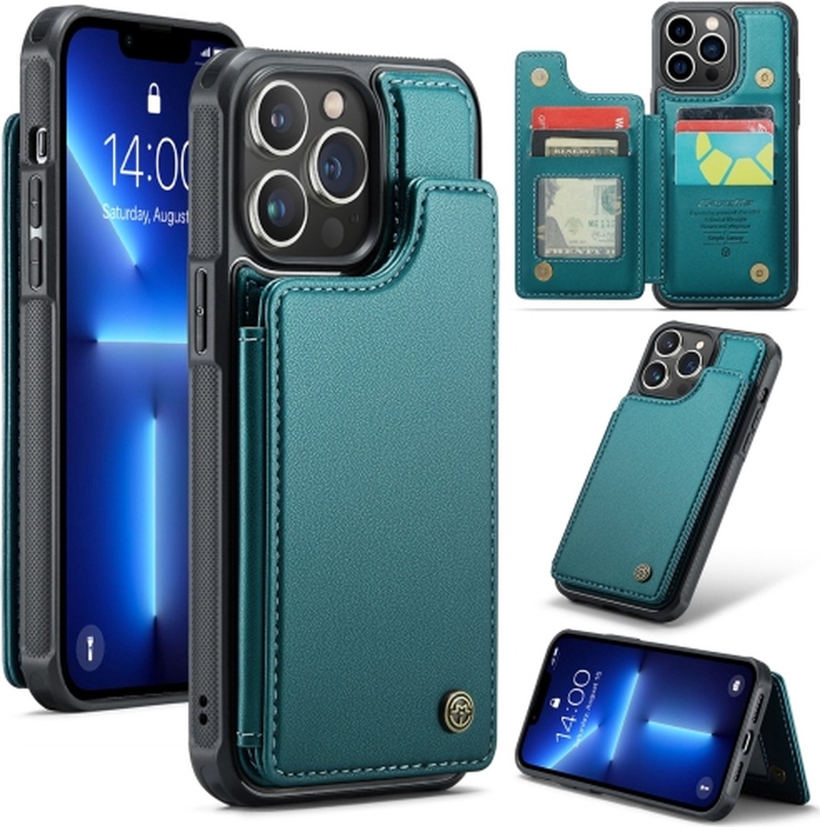 Luxe Portemonnee Backcover met Anti-RFID kaarthouders voor iPhone 13 Pro _ Groen