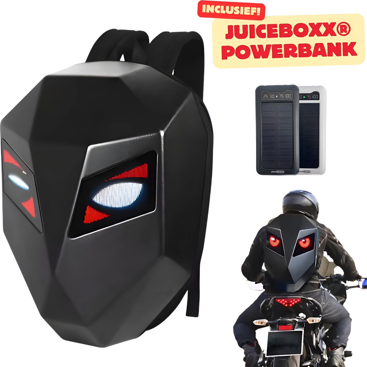 CarryQuest® - LED Motorhelm Rugzak - Incl. JuiceBoxx® Powerbank - Bewegende LED-ogen - Zwart