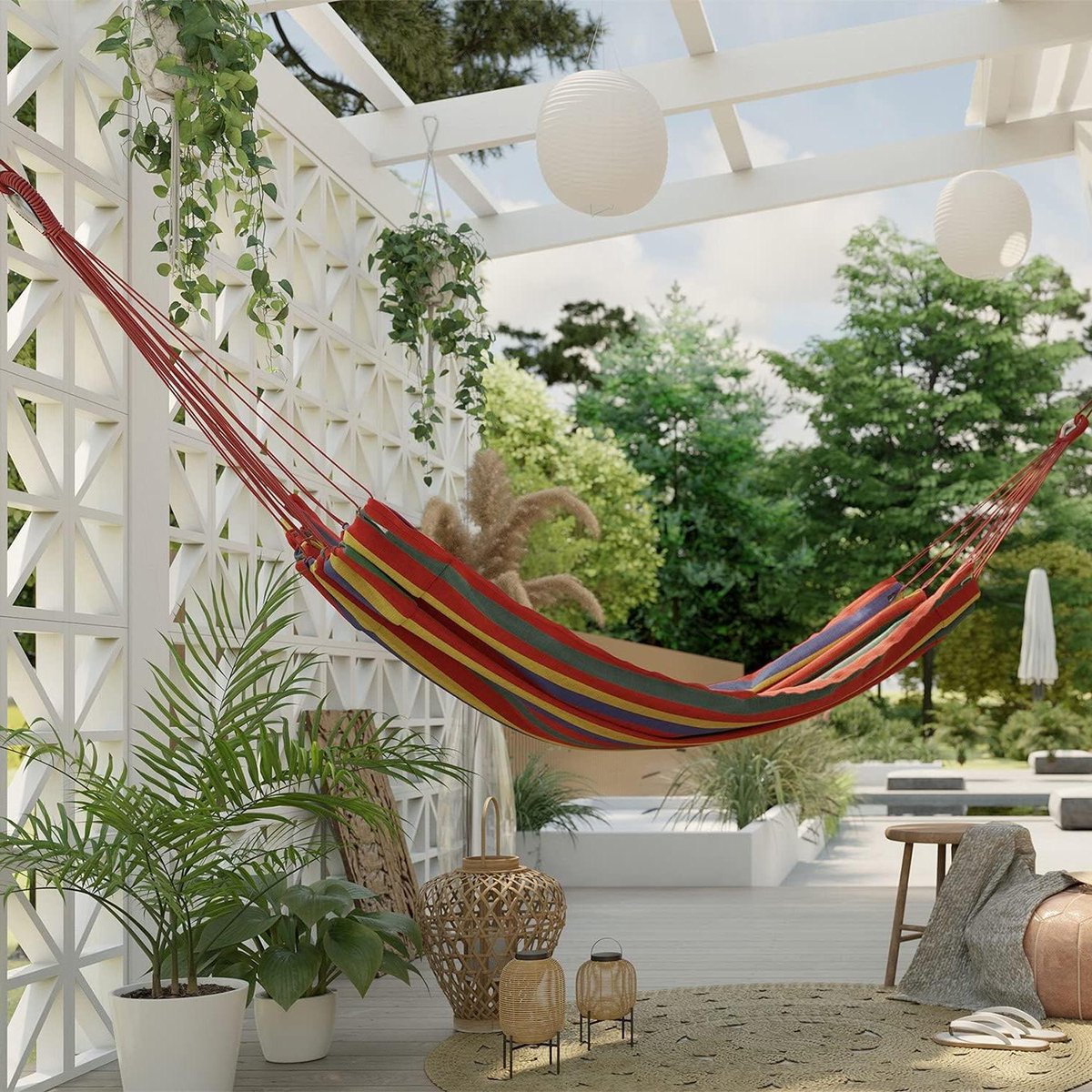 Hangmat 240x80 cm Hammock - belastbaarheid tot 150 kg - meerkleurig rood – buiten gebruik