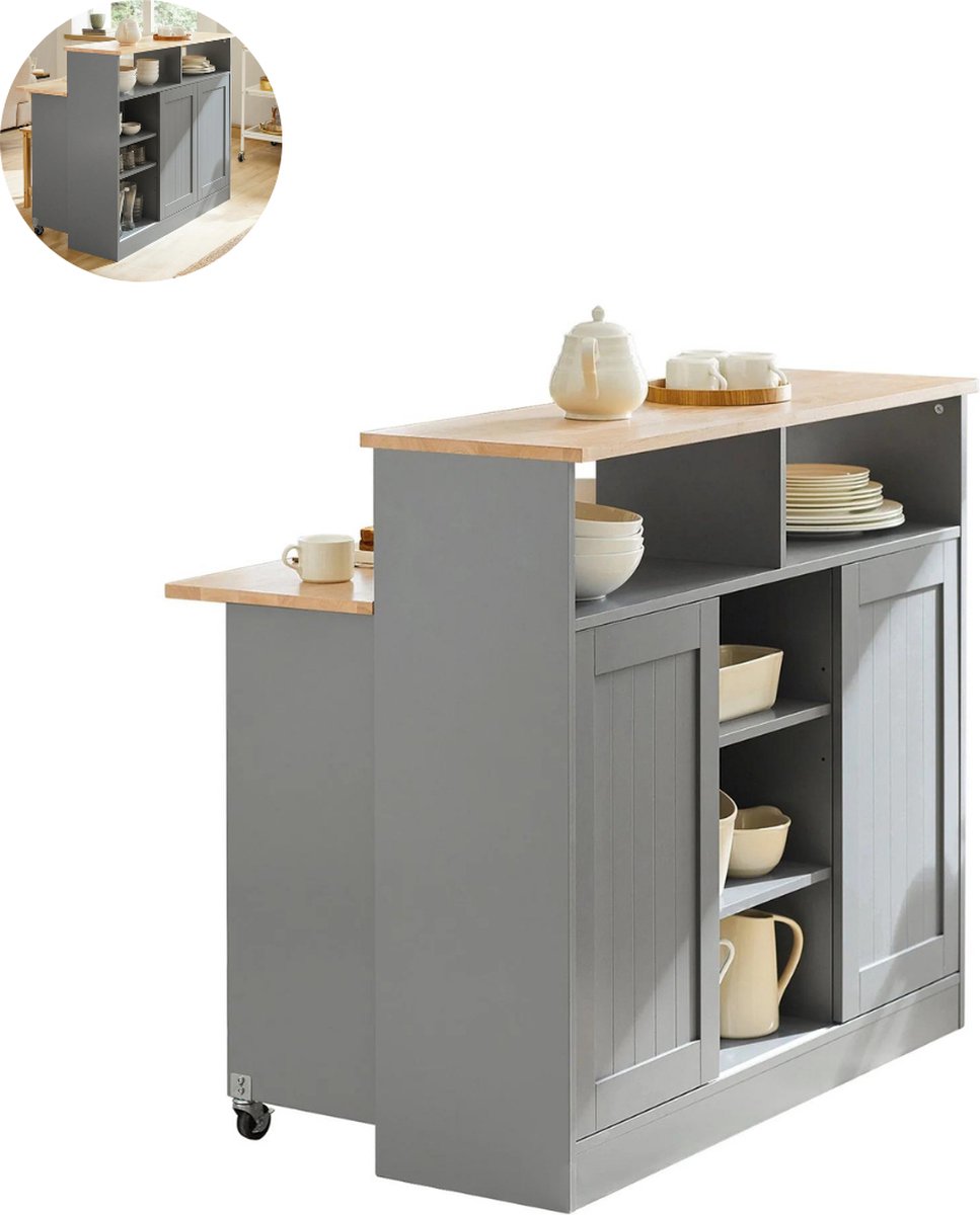 Keukeneiland - Verplaatsbaar - Keukenkast - Dressoir - Organizer - Kasten - Houten Werkblad - Grijs