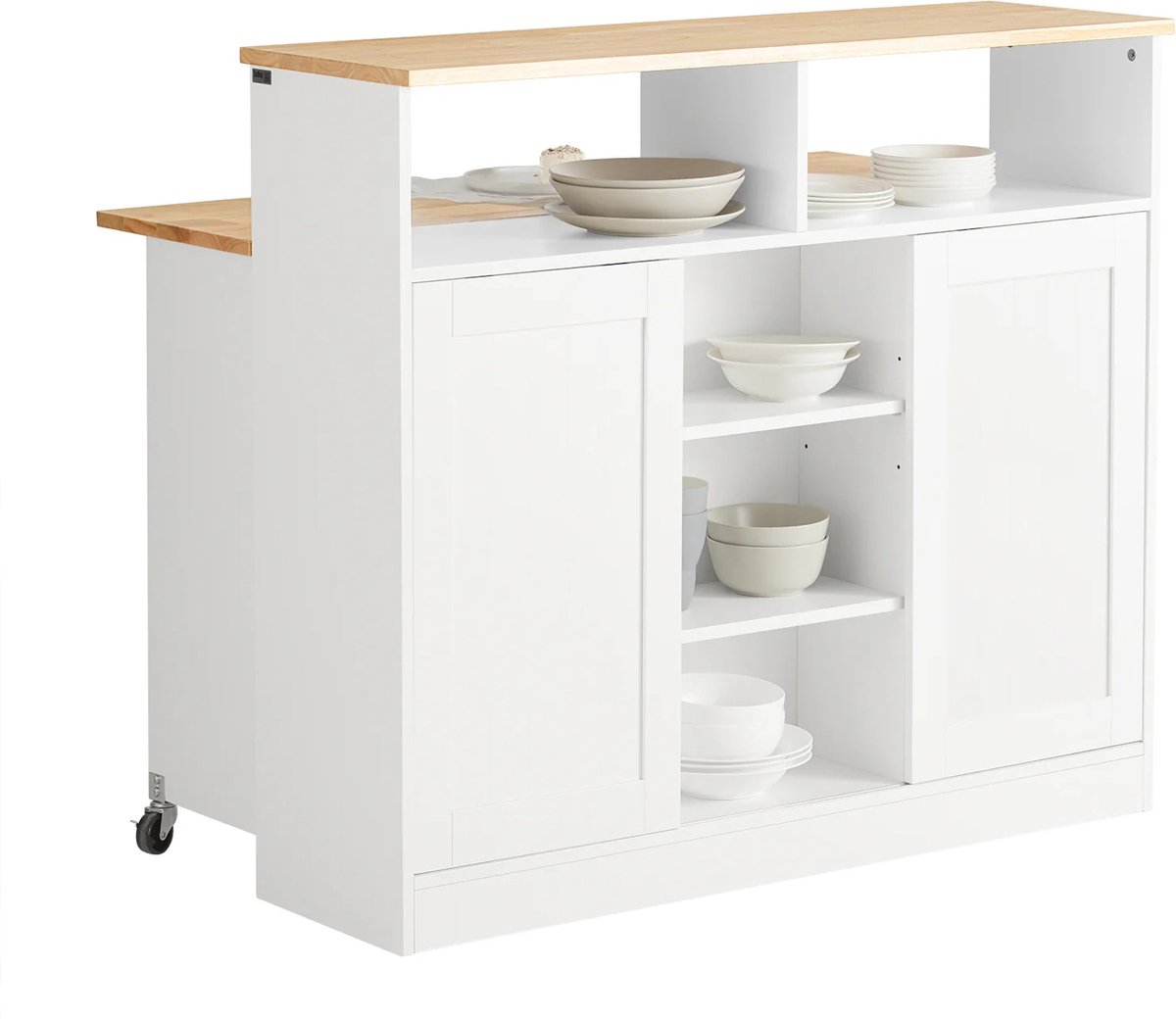 Keukeneiland - Verplaatsbaar - Keukenkast - Dressoir - Organizer - Kasten - Houten Werkblad - Wit