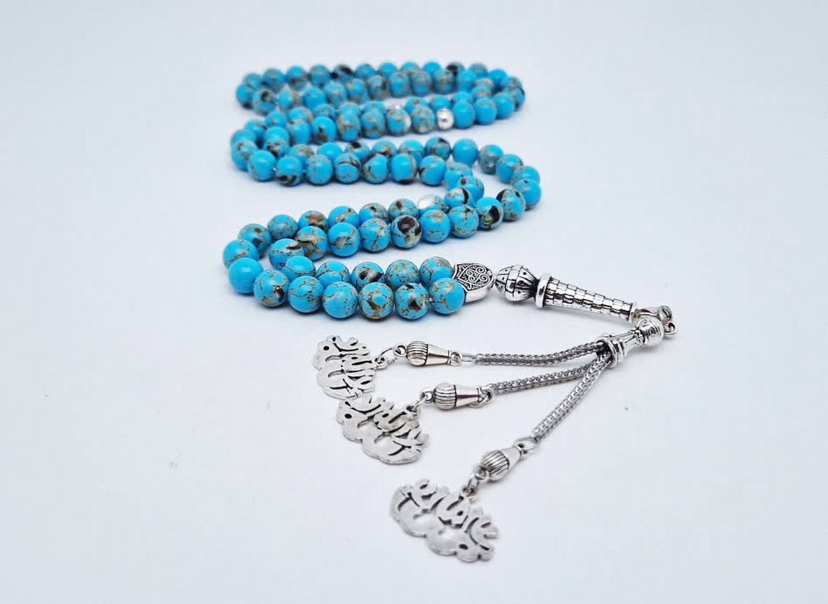 Handgemaakte tesbih natuursteen "Turkoois bakeliet" - Aantal kralen 99 - Diameter kralen 8MM - met metaal tassel "La alih ala allah" - Een mooi cadeau-idee