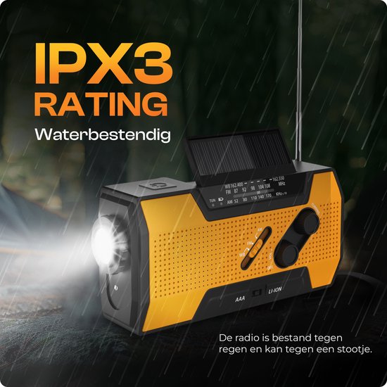 PRUNUS J-366 Radio op Batterijen Overleving (AAA), Draagbare Noodradio met Handzwengel en 2000mAh Oplaadbare Batterij, SOS Alarm/Zaklamp/USB-C, Zonne- en Campingradio, Stroomuitval