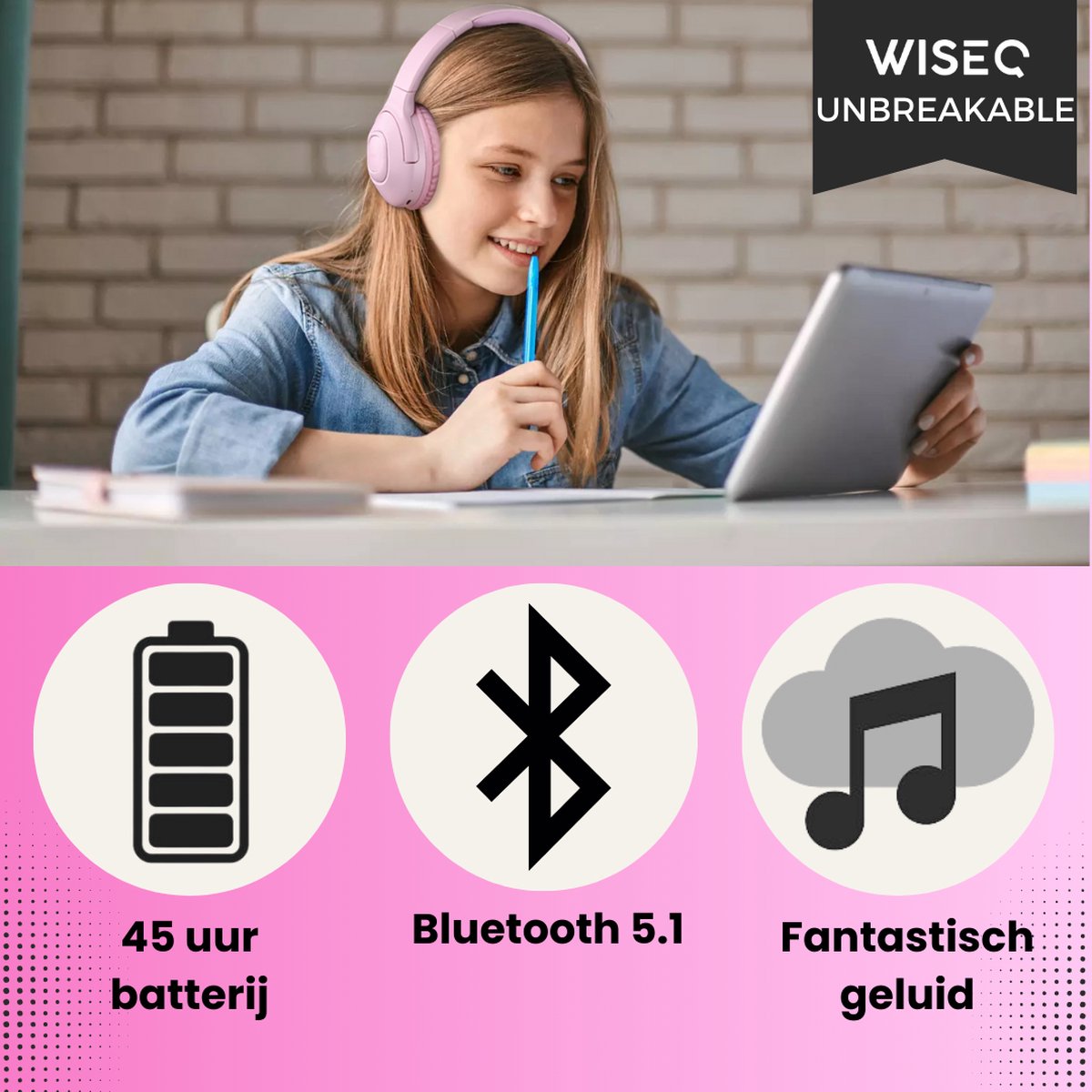 WISEQ Unbreakable Draadloze Koptelefoon Bluetooth 5.0 Roze - afbeelding 3
