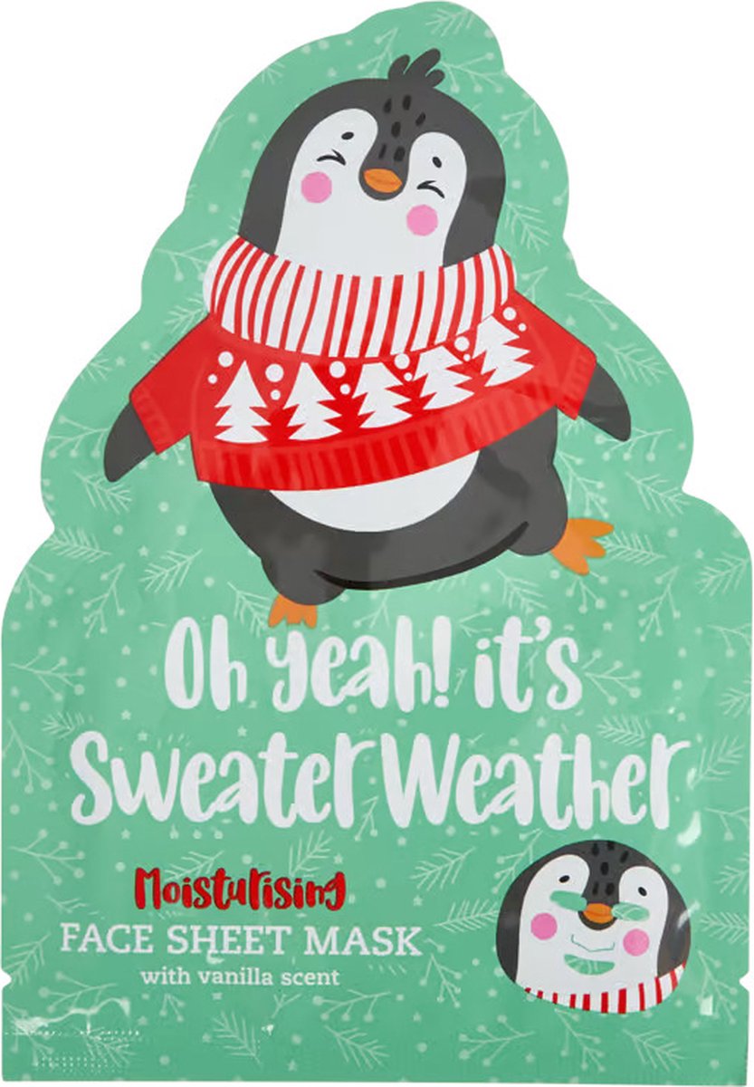 Goedkoopste Vegan face sheet mask - Oh yeah! it's sweater weather - gezichtsmasker - 1 masker 20ml - pinguin luiaard print - vanille vanilla - vochtinbrengend - cozy kerst winter trui pingu