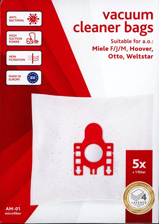 Vacustock - AM-01 - stofzuigerzakken geschikt voor o.a Miele F/J/M, Hoover, Otto, Weltstar. Doos 5 zakken en 1 filter
