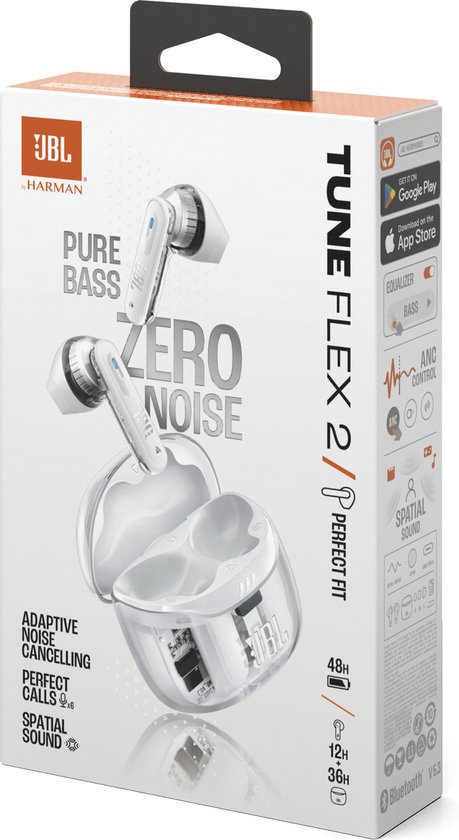 Verpakking van JBL Tune Flex 2 oordopjes in spookwit met afbeeldingen van de oordopjes en doosje.