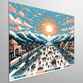 Pixel art relief schilderij | Pixelige dimensies: een reliëf van kunstzinnige digitale verbeelding | Kunst - 80x80 centimeter op Dibond | Foto op Dibond