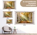 Een doorkijkraam naar een bos met vallende herfstbladeren en zonnestralen. Verkrijgbaar in verschillende formaten.