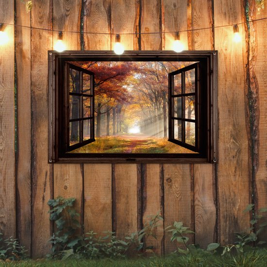 Tuinposter 120x80 cm - Tuindecoratie Herfst - Bos - Bomen - Natuur - Doorkijk - Poster voor in de tuin - Buiten decoratie - Schutting tuinschilderij - Tuindoek muurdecoratie - Wanddecoratie balkondoek
