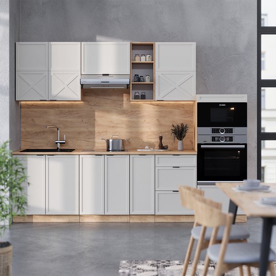 Cuisine complète Vicco Fame- Line – 280 cm, chêne Grijs/beige/doré
